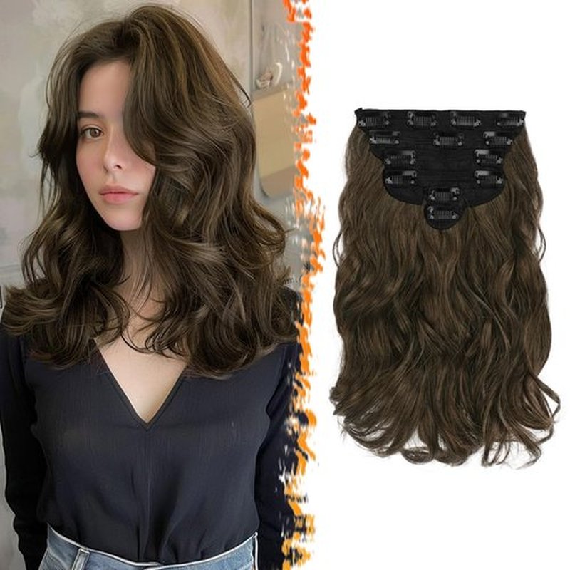 BARSDAR Wavy Clip in Hair Extensions - 12 Inch Brown Clip in Hair Extensions for Women - 6PCs Full Head Thick Soft Synthetic Clip in Hairpieces Daily Party Halloween - Chestnut Brown