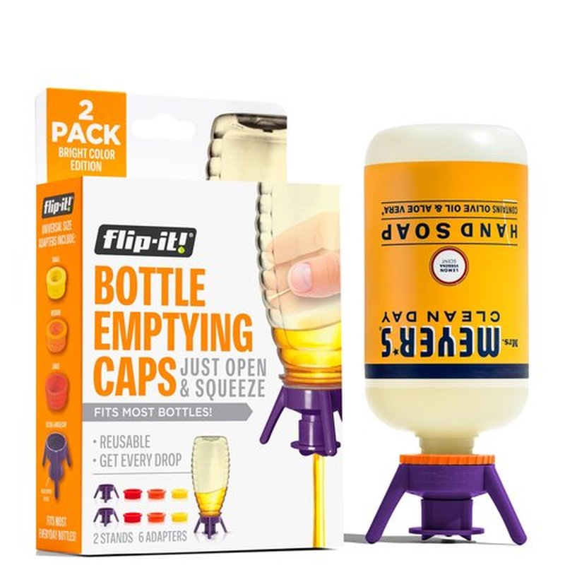 Flip-It! 2-Pack Bottle Emptying Kit – Gadget Gifts & Unique Xmas Gift – No More Wasted Product – Fits Most Plastic Bottles – Stocking Stuffer Gift Idea – 2 Base Caps, 6 Adapters – Bright Color Edition