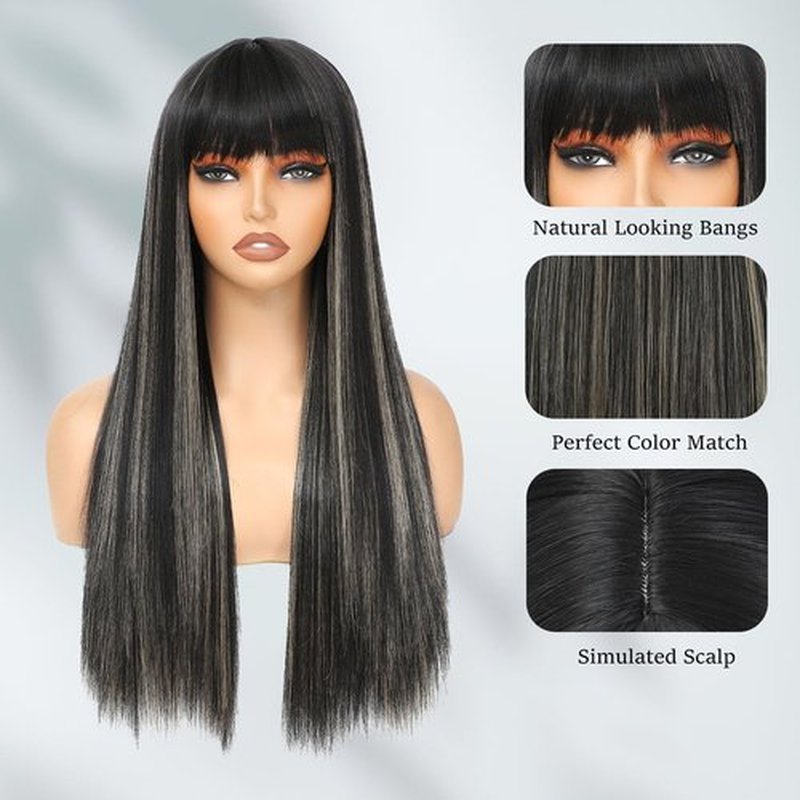 Amarlis Black with Blonde Wigs for Women, Long Straight Stripes Color Wigs with Bangs, Natural Looking Soft Synthetic Fiber Wig for Daily Party