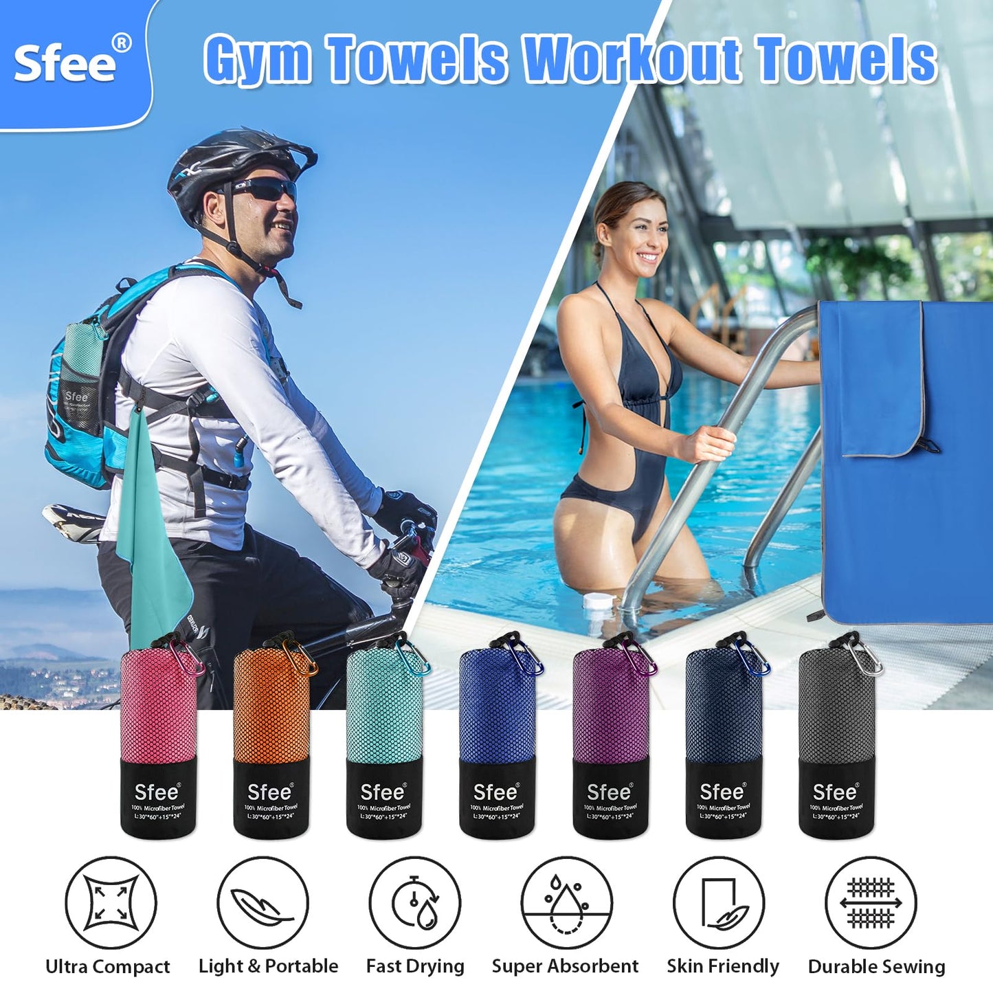 Sfee 2 Pack Microfiber Travel Towel, Quick Dry Towel Camping Towel Super Absorbent Compact Lightweight Sports Towel Swim Gym Towels Beach Towel Set for Gym, Hiking, Pool, Backpacking, Bath, Yoga
