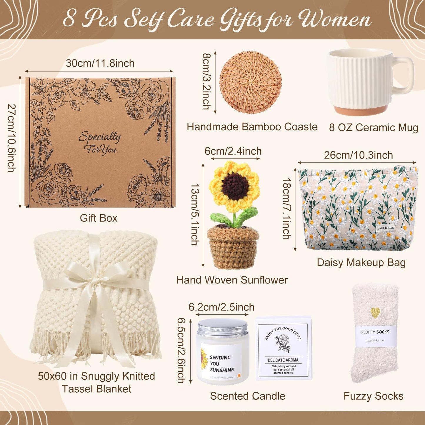 LemonRoad Birthday Gifts for Women, Self Care Gift Basket with Cozy Knit Blanket, Mug, Candle, Socks, Sunflower Decor & Cosmetic Bag, Blanket Gift Set Care Package for Mom Wife Girlfriend Friend
