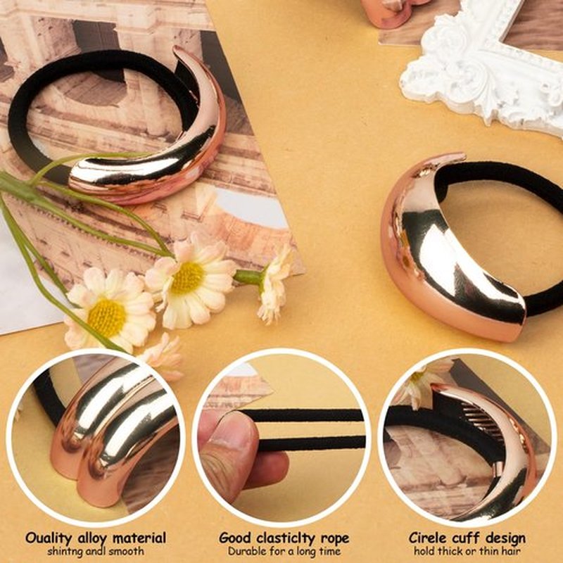 Rose Gold Hair Cuffs 3PCS Rose Gold Ponytail Cuff Hair Tie for Women Metal Hair Cuff Wrap for Thick Hair Cute Geometric Hair Accessories