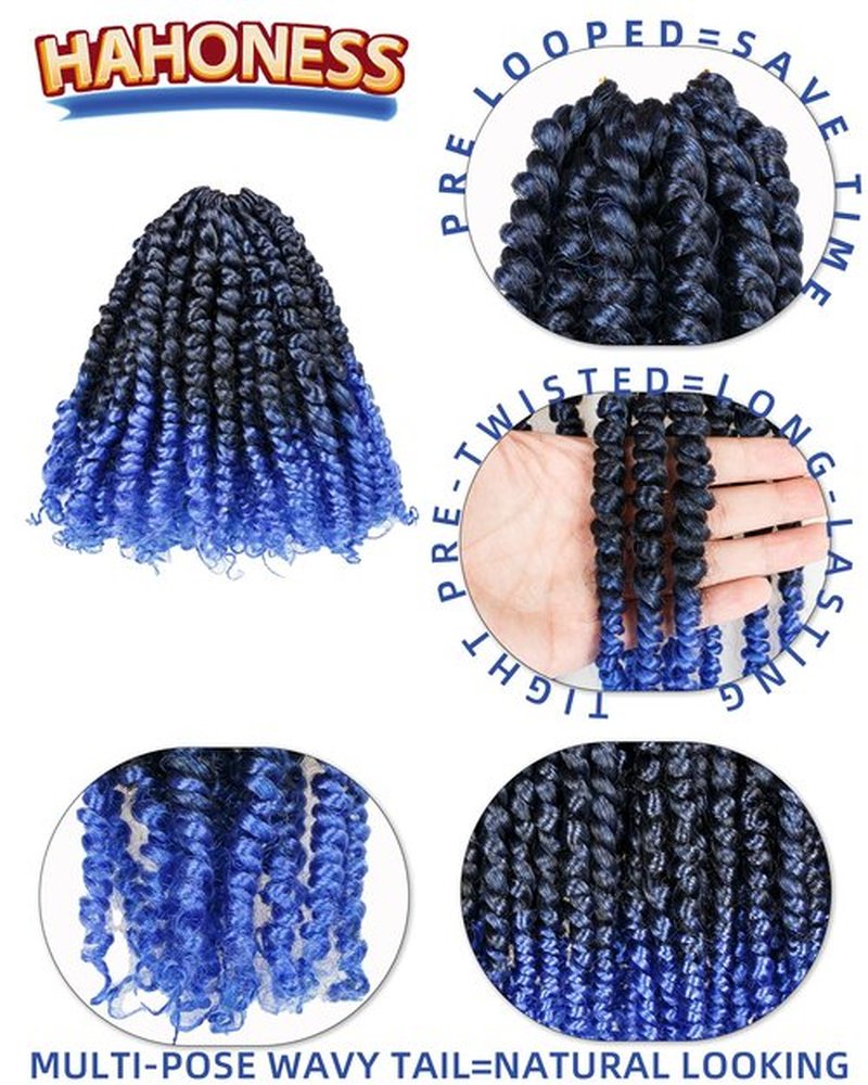 hahoness 6 Inch 8 Packs Pre Looped Passion Twist Crochet Hair for Black Women and Kids-Ombre Blue, Super Soft Bouncy Synthetic Braided Hair Extensions(6 Inch-8 Packs,T1B/Blue)