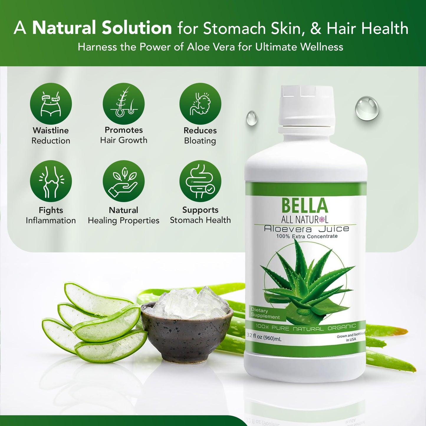 Bella all Natural Aloe Vera Juice 32 Fl Oz - Organic Aloe Vera Juice for Hair Growth, Skin, & Stomach Health - Pure Aloe vera drink for Reducing Digestive Support, & Glowing Skin.