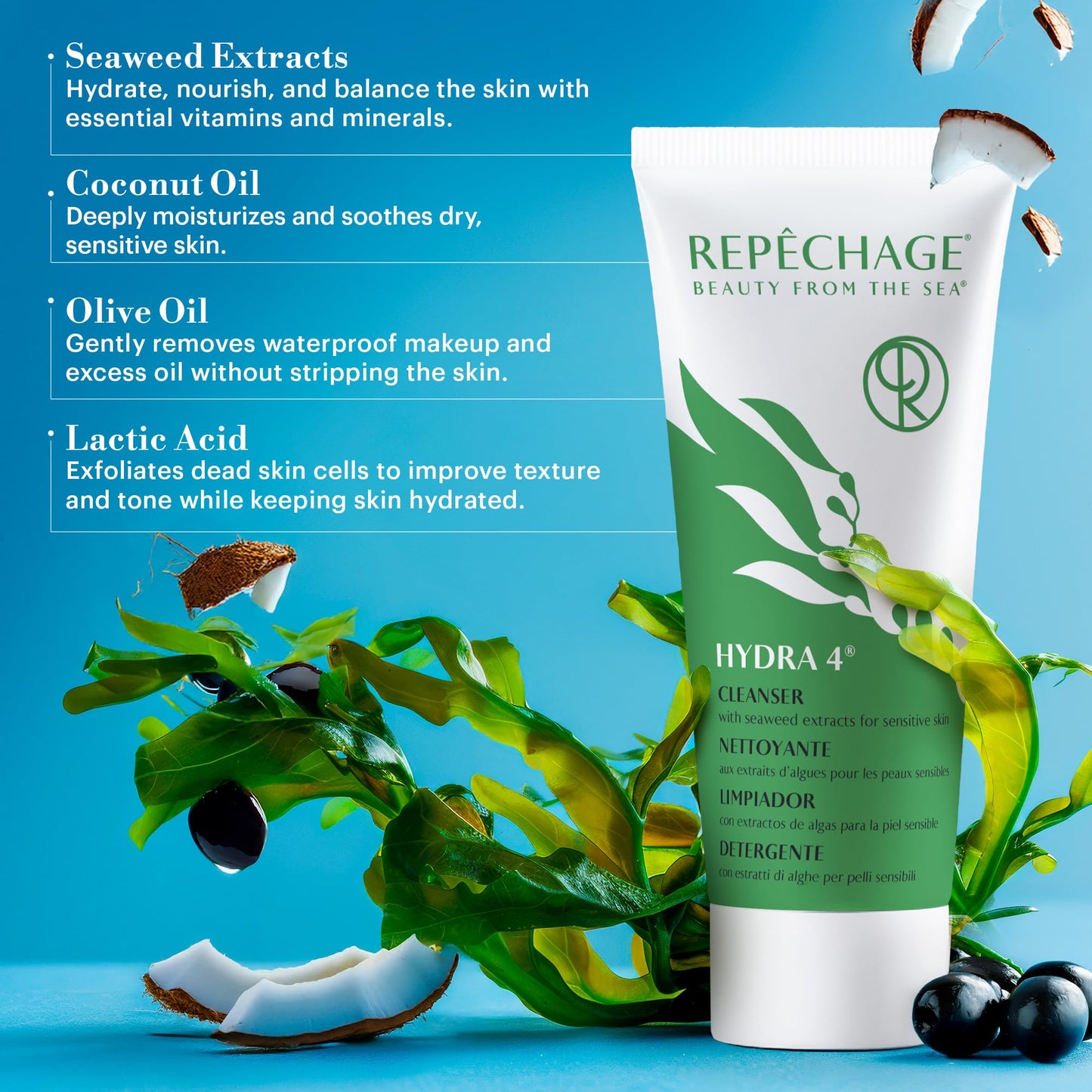 Repechage Hydra 4 Cleanser for Sensitive Skin – Gentle Daily Facial Cleanser with Seaweed Extracts, Coconut & Olive Oils, Lactic Acid for Light Exfoliation & Removes Makeup, Balances Skin, 177mL / 6oz
