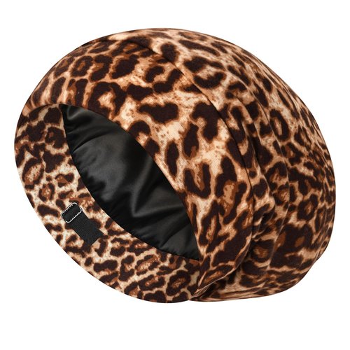 LULUSILK 100% Mulberry Silk Lined Sleep Cap Silk Bonnet for Sleeping, No More Frizzy Tangled Hair, Stay On All Night Adjustable Silk Hair Wrap for Sleeping, Brown Leopard, Pack of 1