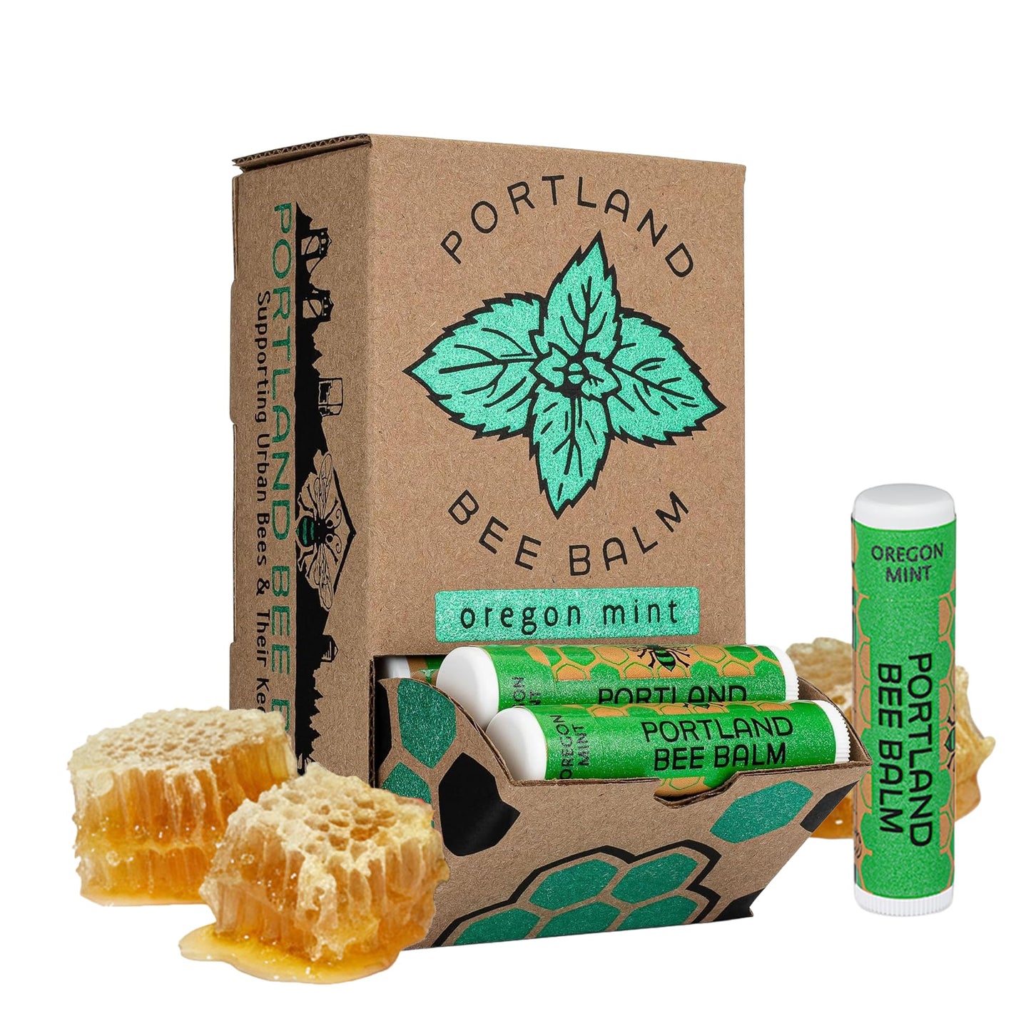 Portland Bee Balm All Natural Handmade Beeswax Lip Balm with Organic Coconut and Olive Oil (Oregon Mint) - 24 Count | Natural Lip Balm, Cruelty Free, Plastic Neutral, | Organic Lip Balm