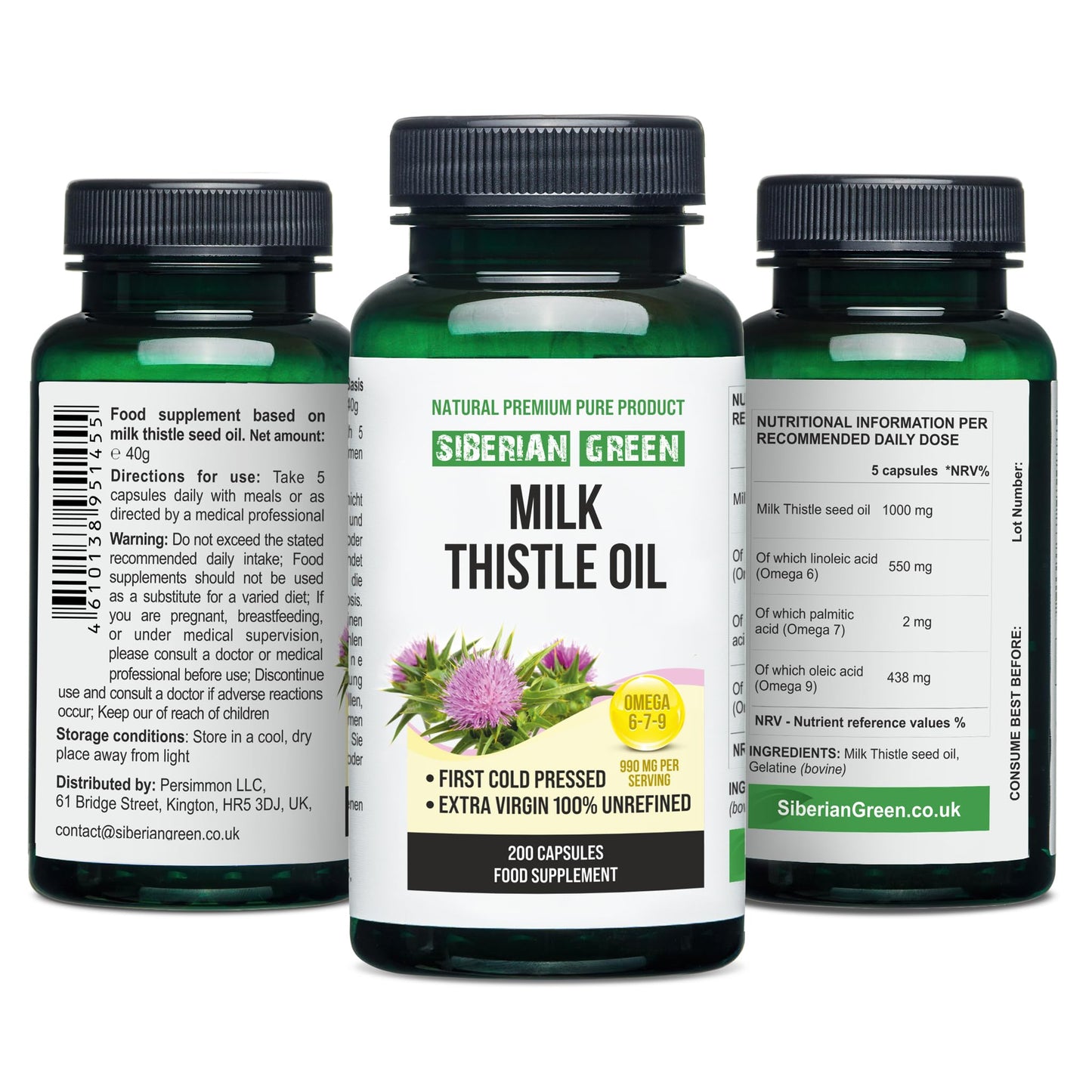 Siberian Green Milk Thistle Oil Capsules 200 Softgels Wild Harvested Siberia Altai Cold Pressed Unrefined