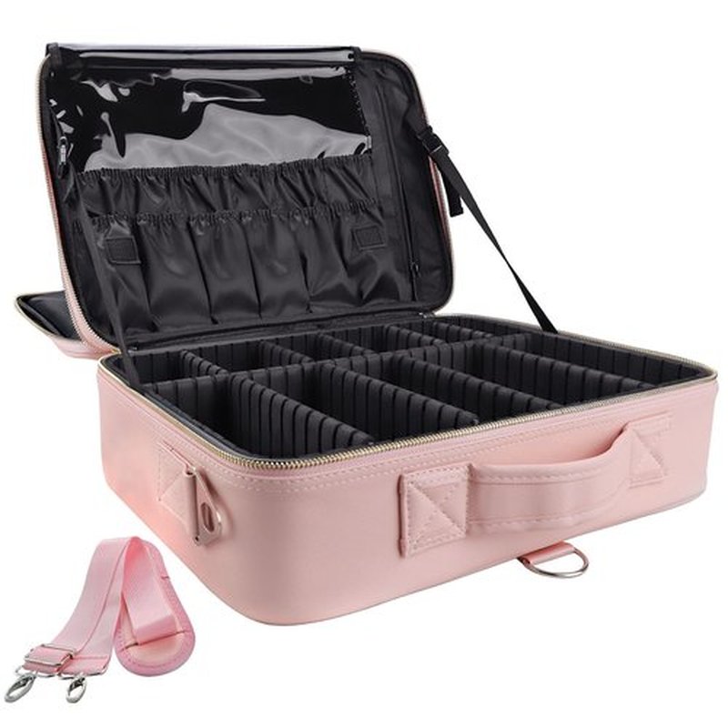 gzcz Travel Makeup Case Large Capacity Cosmetic Case Organizer 16 Inches Waterproof Portable Artist Makeup Storage Bag with Adjustable Dividers and Shoulder Strap for Makeup Brushes Jewelry, Pink