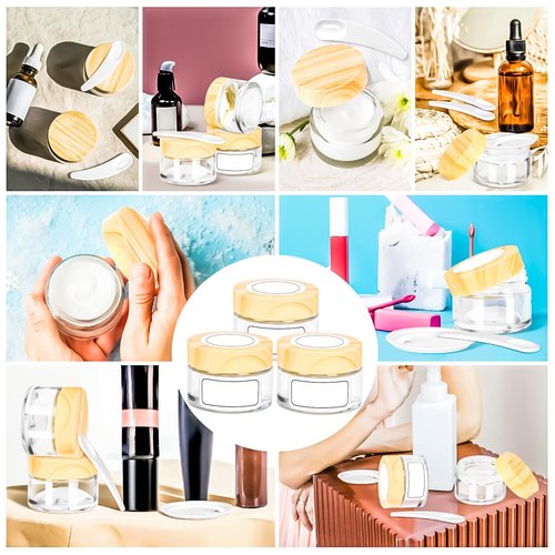 MotBach 6 Pack 1oz Glass Jars with Lids 60ml Mini Round Clear Glass Jars with Inner Liners and Spatulas, Travel Size Containers Jars for Toiletries Creams Makeup Cosmetic Sample Lotion (Woodgrain Lid)