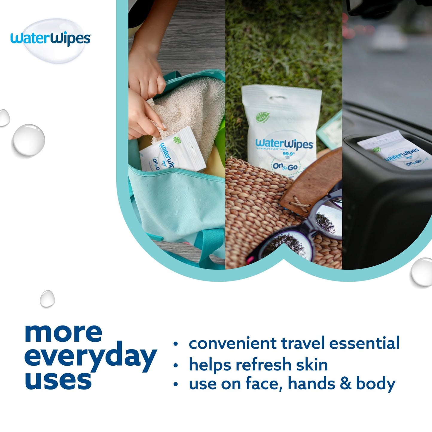 WaterWipes Sensitive+ On The Go Wipes, 3-In-1 Cleans, Cares, Protects, 99.9% Water, Unscented & Hypoallergenic Wet Wipes, 100 Count (10 Packs)