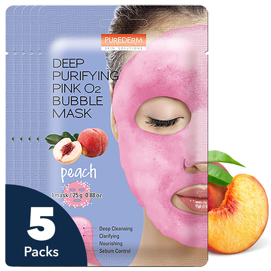 Purederm Peach Bubble Face Mask, Deep Cleansing for Radiance and Healthy Glow, Korean Skincare for Dull Skin (5 Pack)