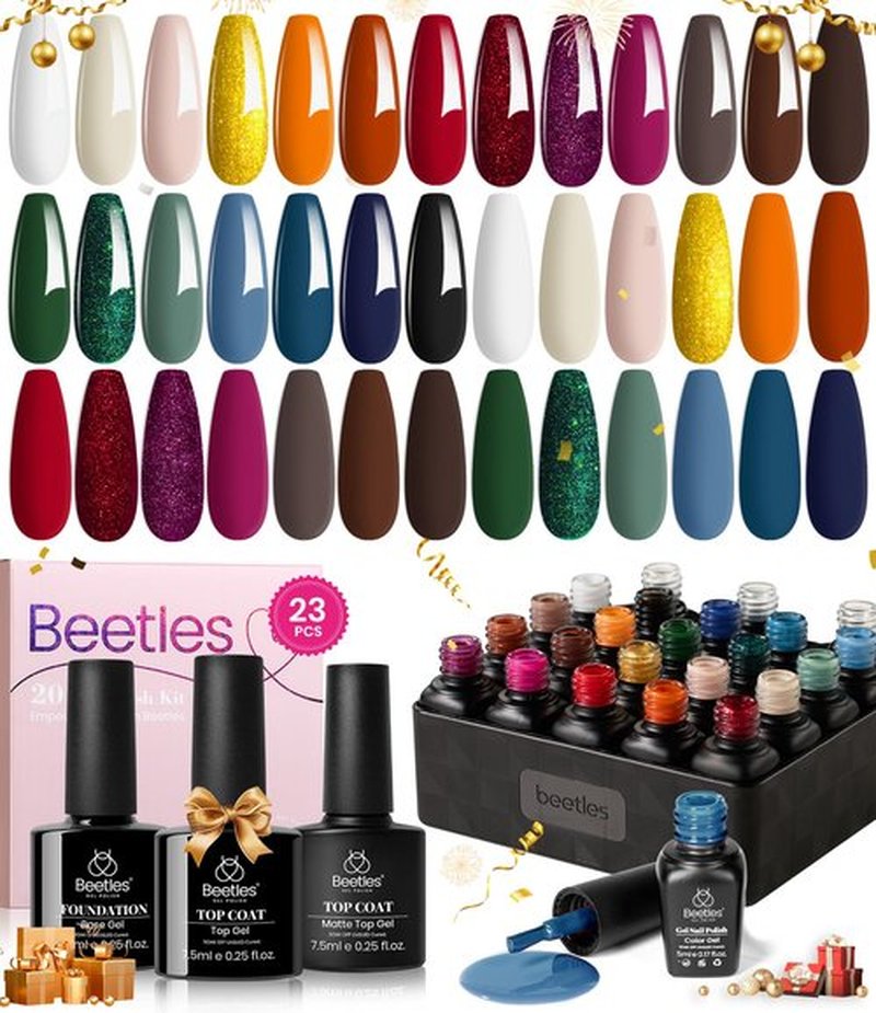Beetles Gel Nail Polish Set, 23 PCS 20 Colors New Year Gel Nail Polish Kit Green Red Blue Glitter Gold Brown with Base Coat Glossy Matte Top Coat Gel Polish Soak Off Uv Fall Winter Gifts for Women