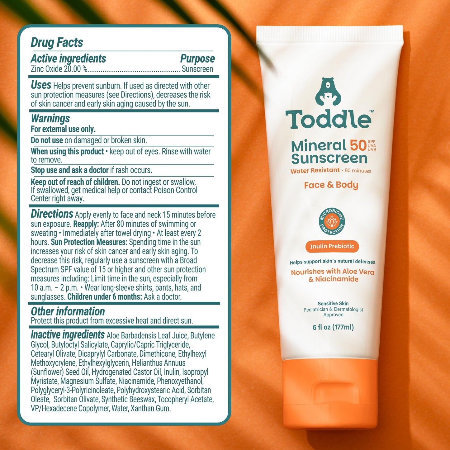 Toddle Prebiotic Mineral Sunscreen SPF 50 for Kids & Baby, Face & Body Sun Protection, Reef Safe, Non-Toxic Zinc Oxide Broad Spectrum, Water-Resistant, No White Cast, Travel Size 3.4oz
