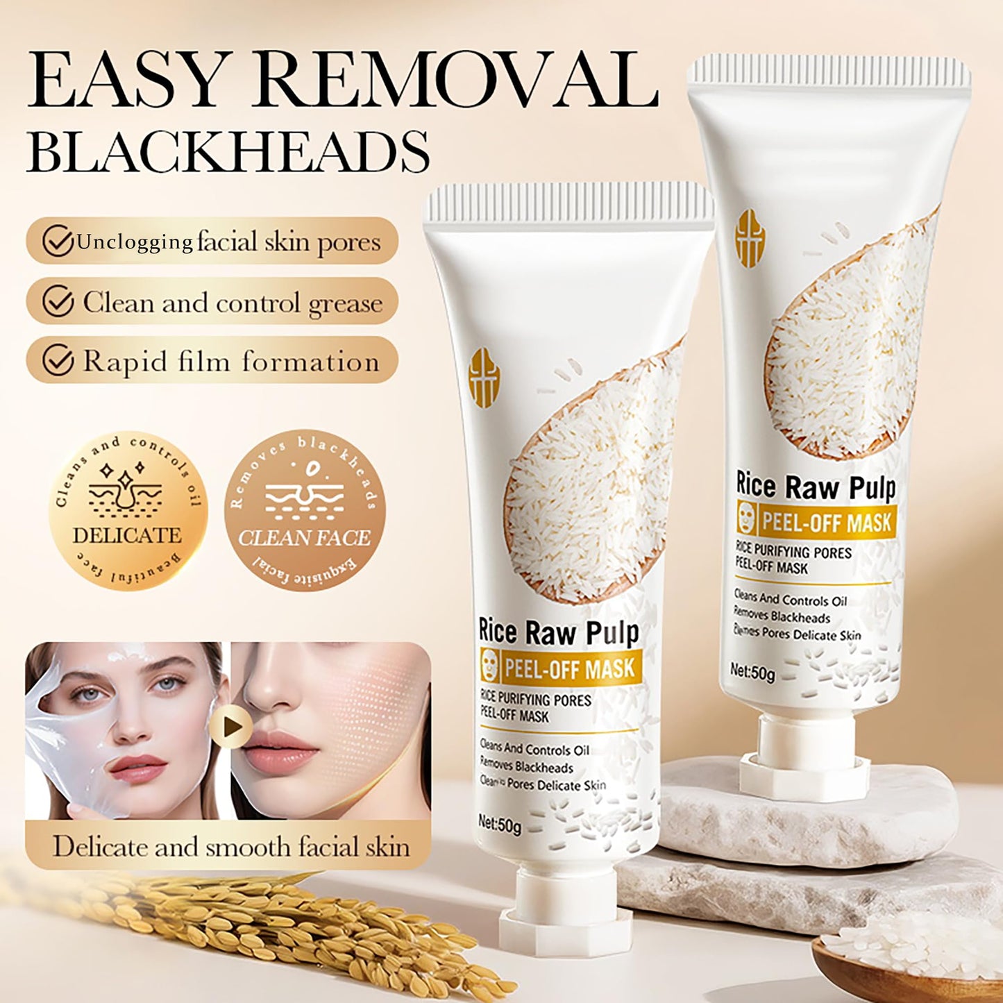 Easilydays Rice Raw Pulp Peel-Off Facial Mask, Moisturizing, Clean & Control Oil, Gently Remove Blackheads Tear-Off Peel off Lifting Face Mask, Deep Nourishment & Pore Tightening for All Skin Types