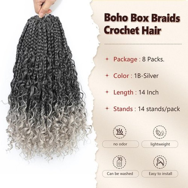 Boho Box Braids Crochet Hair 8 Packs Boho Crochet Braids Pre Looped 1B/Silver Goddess Box Braids Crochet Hair for Black Women 14 Inch Boho Braids Crochet Hair Extension