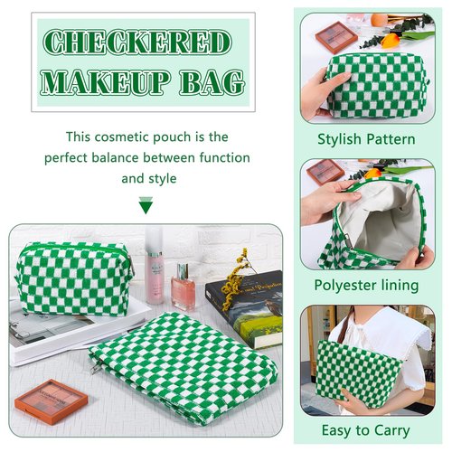 ZLFSRQ 2Pcs Checkered Makeup Bag for Women Large Cosmetic Bag Set Travel Toiletry Bag Makeup Pouch Bag for Purse Green Zipper Storage Bag Organizer Cute Small Aesthetic Girls Car Essentials Bag