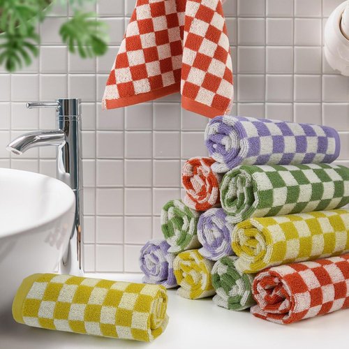 Washcloths 12 Pack Bathroom Face Towels 4 Colors for All Family Members, Soft Cotton Terry Wash Cloths for Showering 13"x13", Checkered