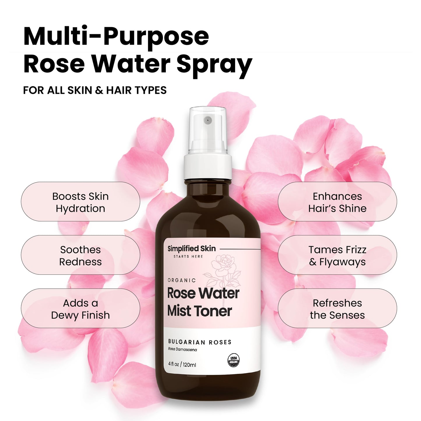 Rose Water Spray for Face & Hair – Pure USDA Organic Rosewater Toner – Refreshing Mist for Skin Care, Makeup & Locs – Natural Rose Scent, 4 Oz (3 Pack)