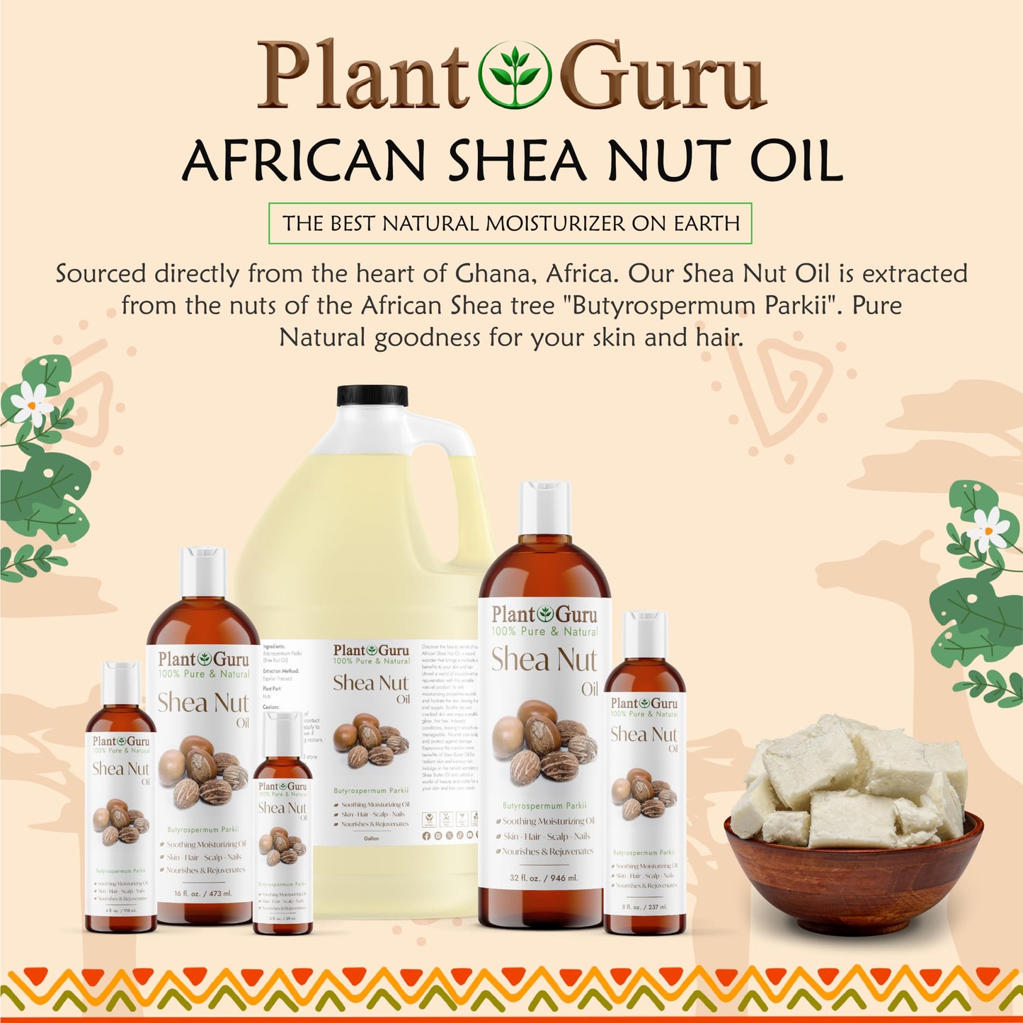 Plant Guru African Shea Nut Butter Oil 2 fl. oz. 100% Pure Natural Skin, Face, Hair Growth And Moisturizer. DIY Body Butters, Lotions, Creams, Lip Balm And Soap Making.