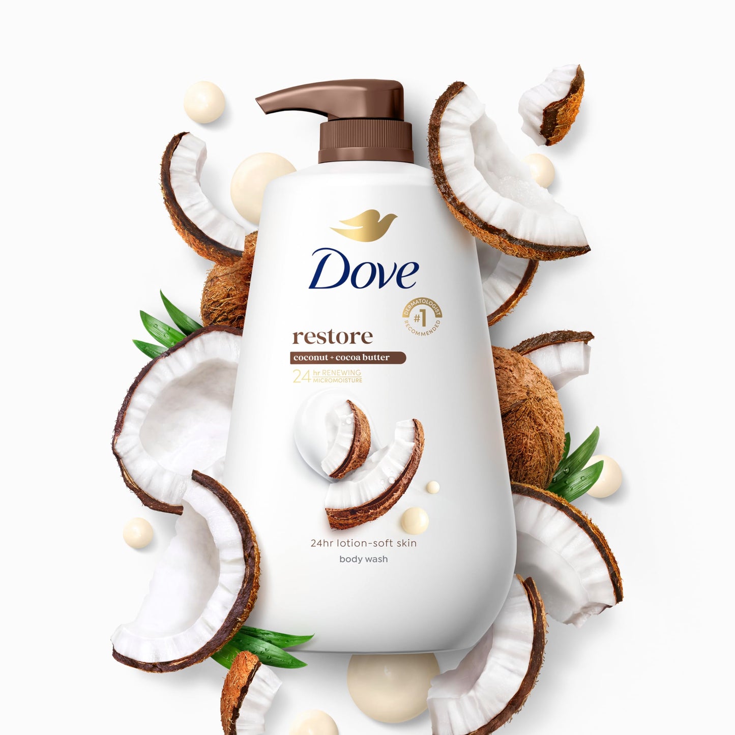 Dove Body Wash with Pump Restore Coconut & Cocoa Butter for 24hr Lotion-Soft Skin Moisturizing Skin Cleanser with No Sulfates No Parabens 30.6 Oz (Pack of 3)