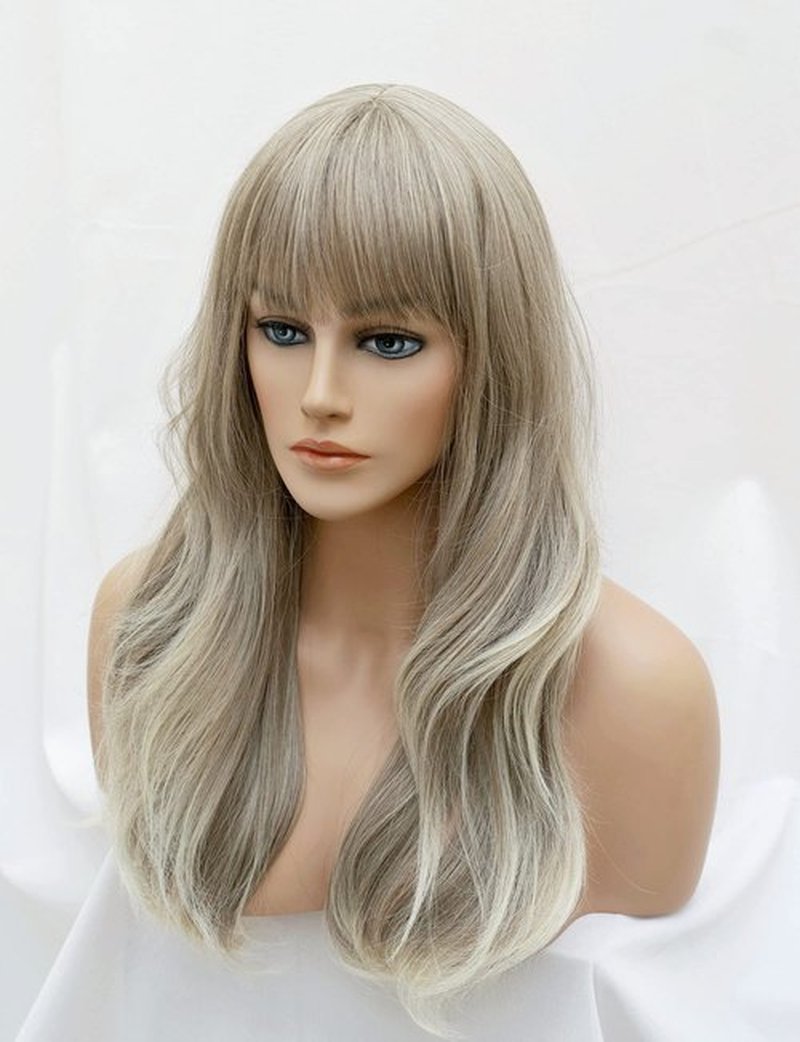 Rugelyss Ash Blonde Gray Long Wigs Heat Resistant Synthetic Cosplay Wavy Wigs with Bangs for Women