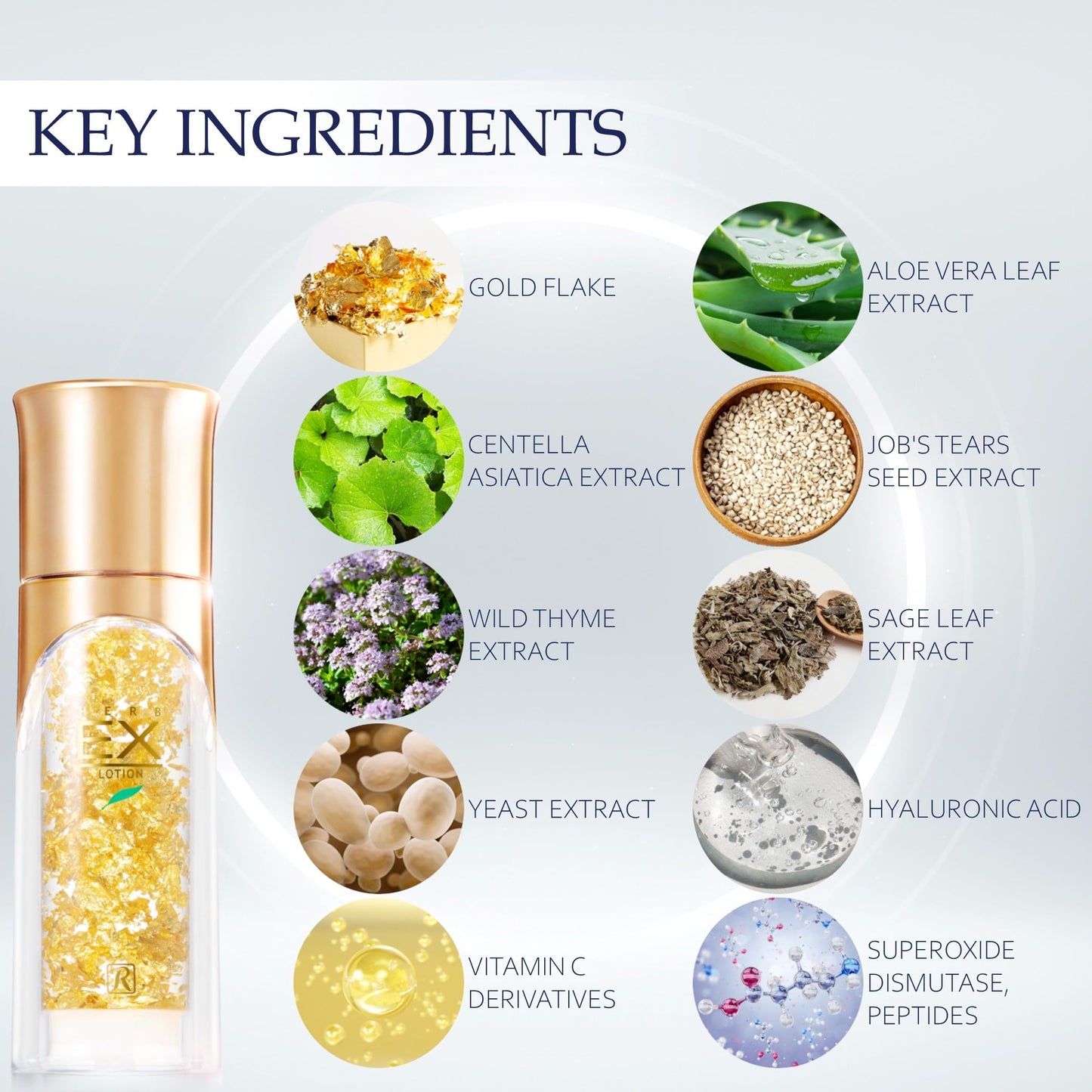 ROYAL HERB EX LOTION Face, Neck and Décolleté Moisturizer with Aloe Vera, Hyaluronic Acid, Yeast Extract and Gold, 1.18 FL OZ / 35ml