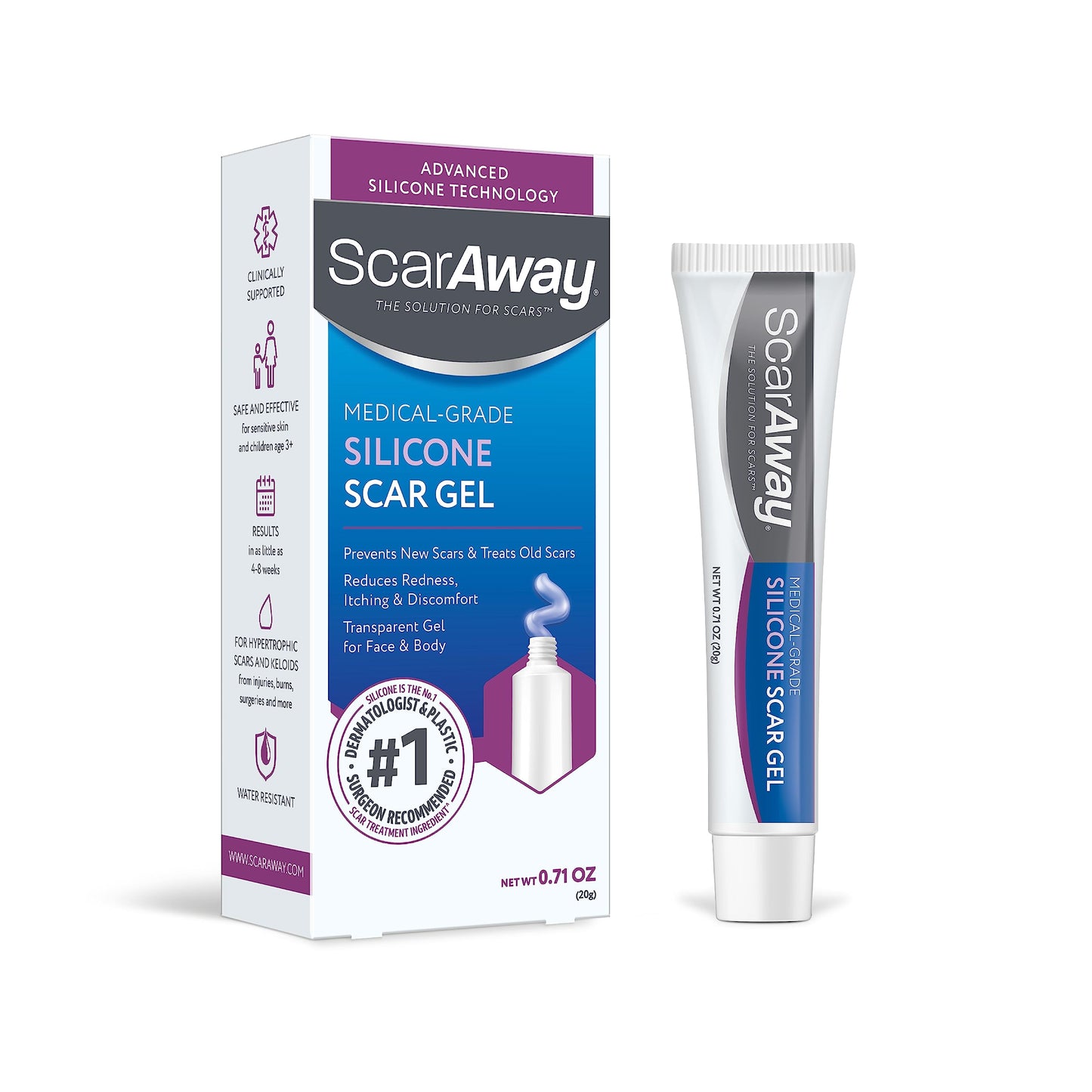 ScarAway 100% Medical-Grade Silicone Scar Gel for Face, Body, Surgical, Burn, Hypertrophic, Keloids and Acne Scar Treatment, 0.71 Ounces, (20 Grams)