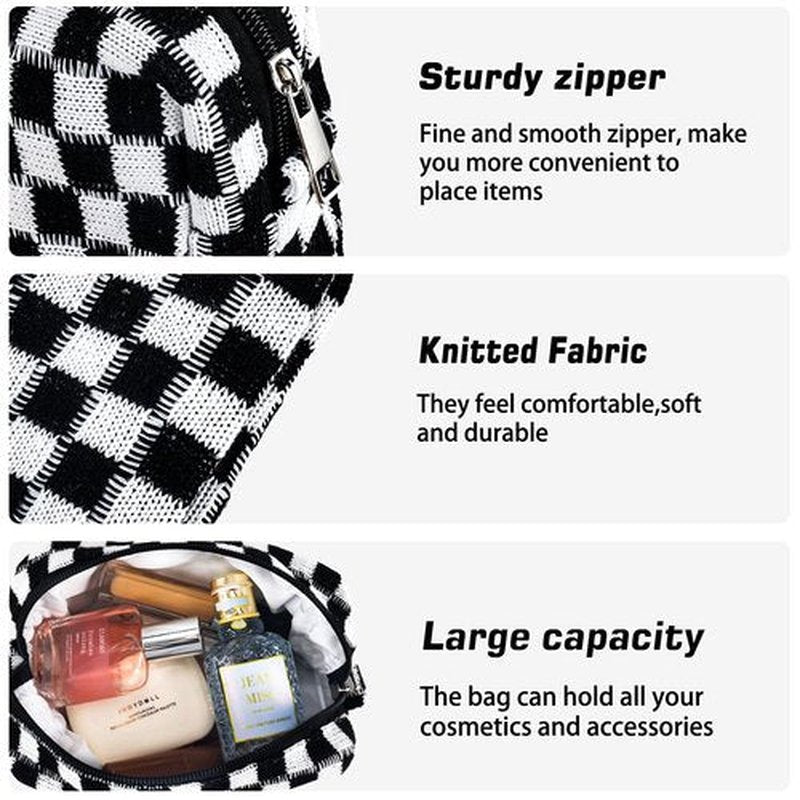 ZLFSRQ 2Pcs Checkered Makeup Bag for Women Medium Travel Cosmetic Bag Makeup Pouch for Purse Zipper Toiletry Bag Organizer Cute Y2K Aesthetic Trendy Adults Makeup Brushes Storage Case(Black/Brown)
