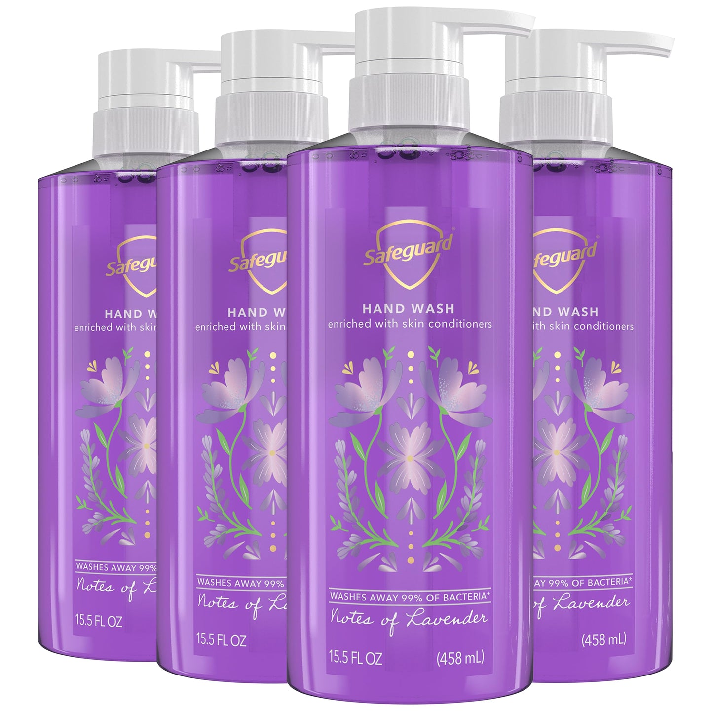Safeguard Liquid Hand Soap, Micellar Deep Cleansing, Washes Away 99% Bacteria, Made with Natural Moisturizers, Enriched with Skin Conditioners, PH Balanced, Lavender Scent 15.5 oz (Pack of 4)