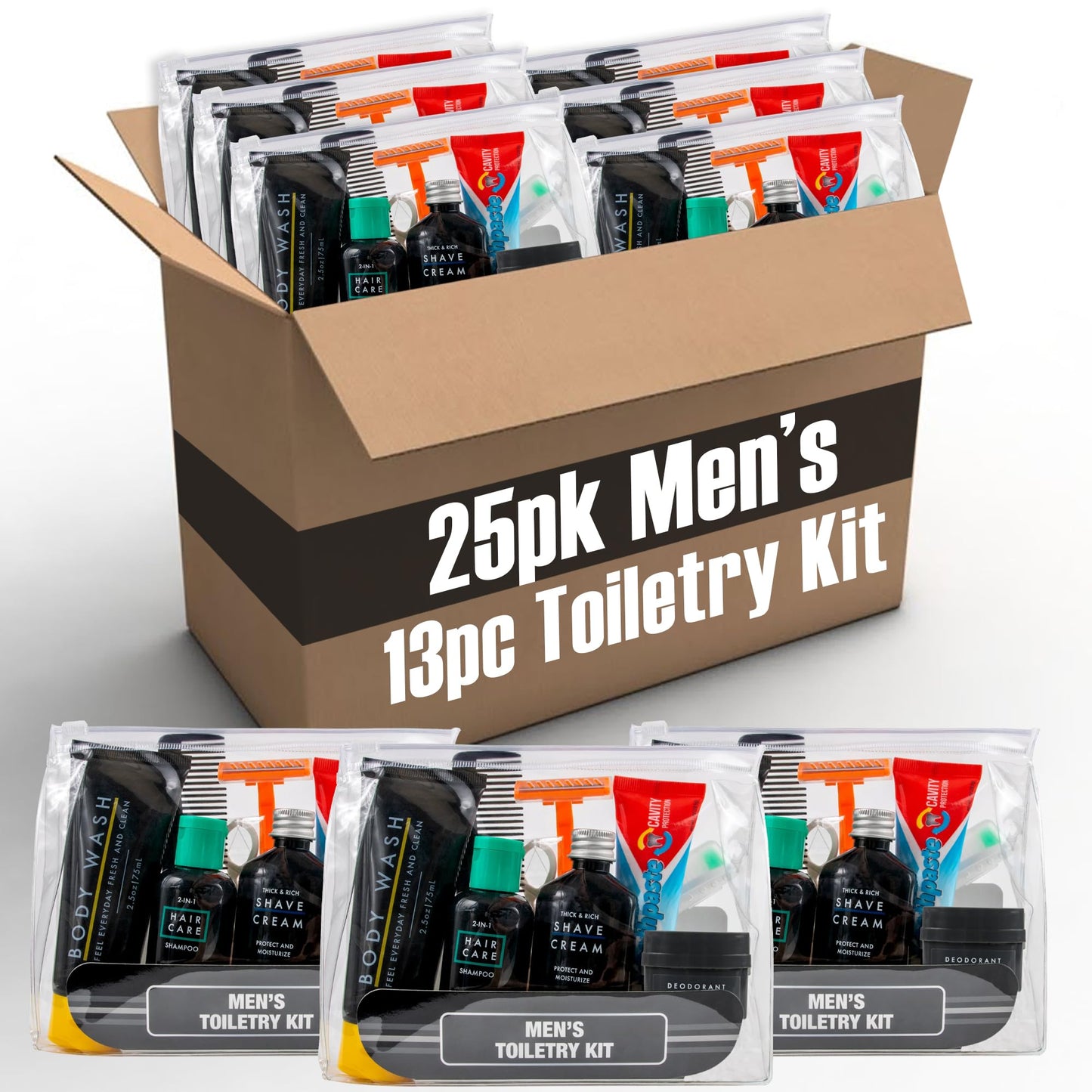 Trail maker (25 Pack) Homeless Care Package Hygiene Kits for Men, 13 Piece Travel Size Toiletries, Summer Essentials with Toothbrush, Soap, Shampoo, and Deodorant
