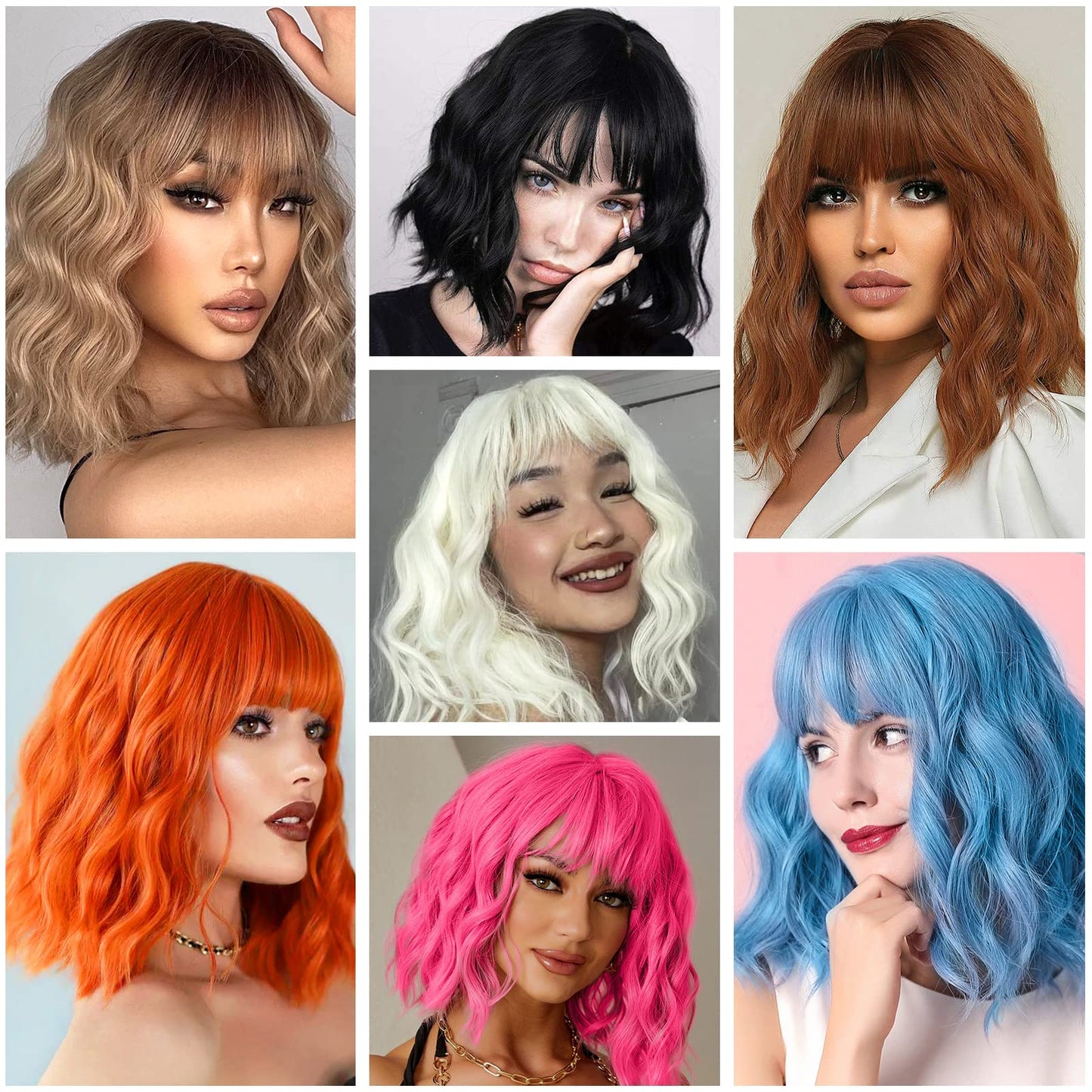 LINGHANG Short Blue Wavy Bob Wigs with Bangs for Women Loose Light Blue Wig Synthetic Shoulder Length Cosplay Wig for Girl Colorful Costume Wigs