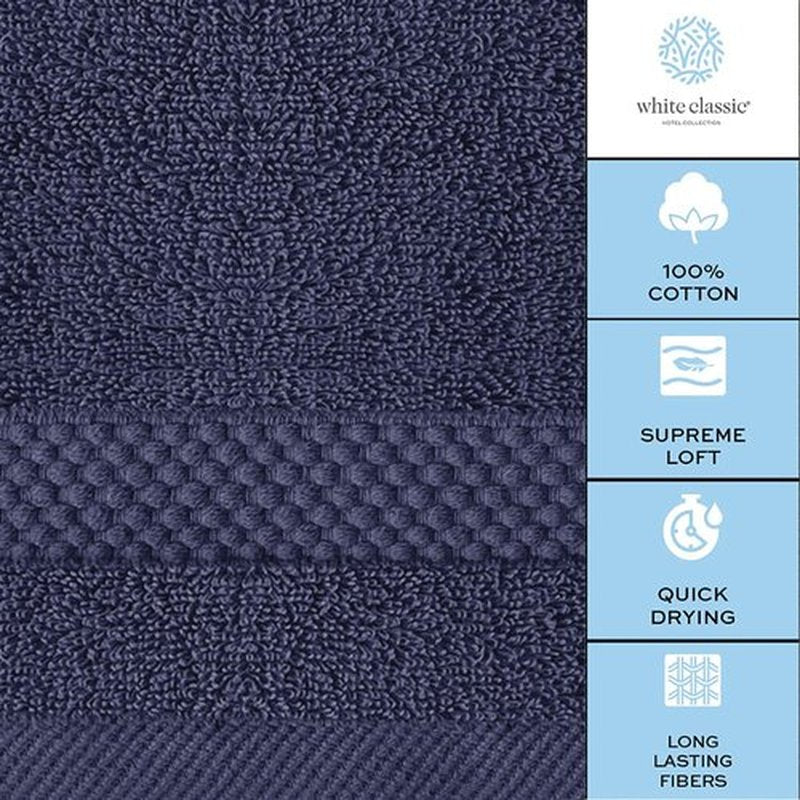White Classic Luxury Cotton Washcloths - Hotel Spa Bathroom Face Towel | 12 Pack | Navy Blue