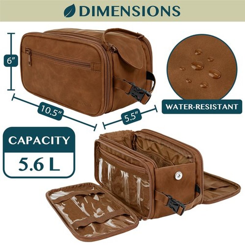 PAVILIA Toiletry Bag for Men Women, Mens Travel Bag Toiletries Organizer Case for Grooming, Travel Essentials Shaving Dopp Kit, PU Leather Water Resistant Cosmetic Pouch, Brown