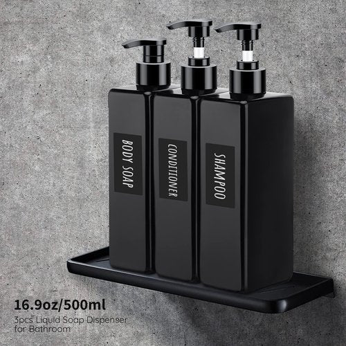Segbeauty Shower Refillable Dispenser, 3pcs 16.9oz 500ml Pump Press Bottles with Labels, Empty Reusable Plastic Soap Dispenser Bathroom Shower Containers for Body Wash Shampoo Conditioner Lotion Black