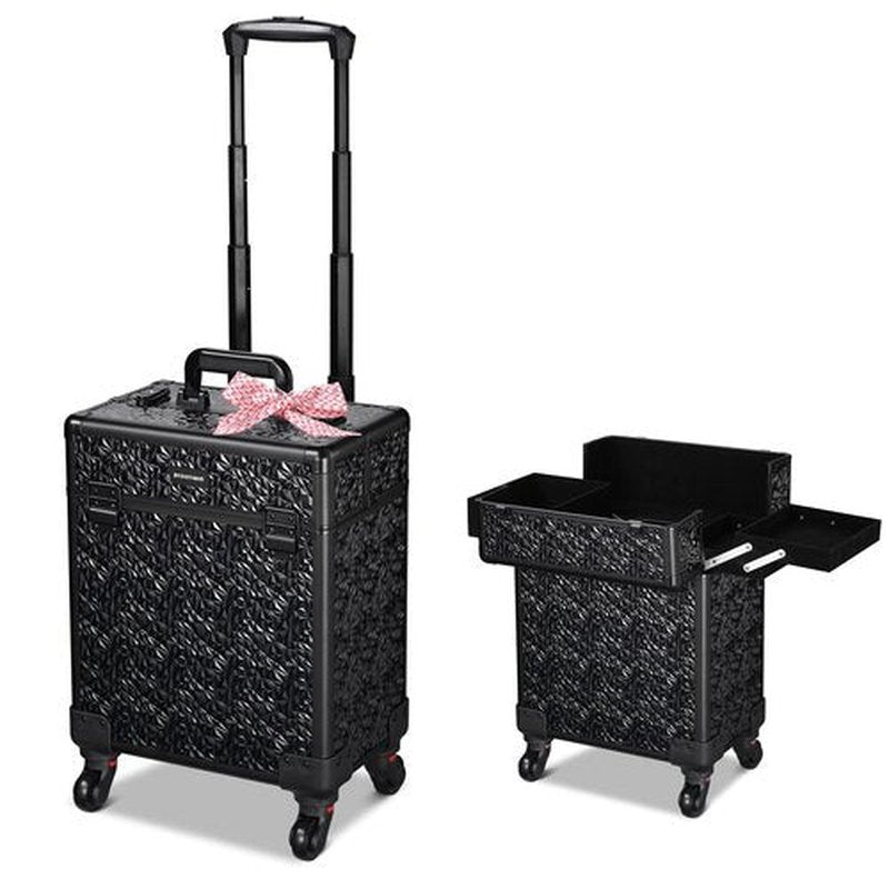 BYOOTIQUE Rolling Makeup Train Case Aluminum Cosmetic Case Portable Makeup Organizer Suitcase with Wheels 4 Tray Cosmetology Trolley Traveling Trunk for Makeup Artist Nail Tech Barber, Mermaid Black