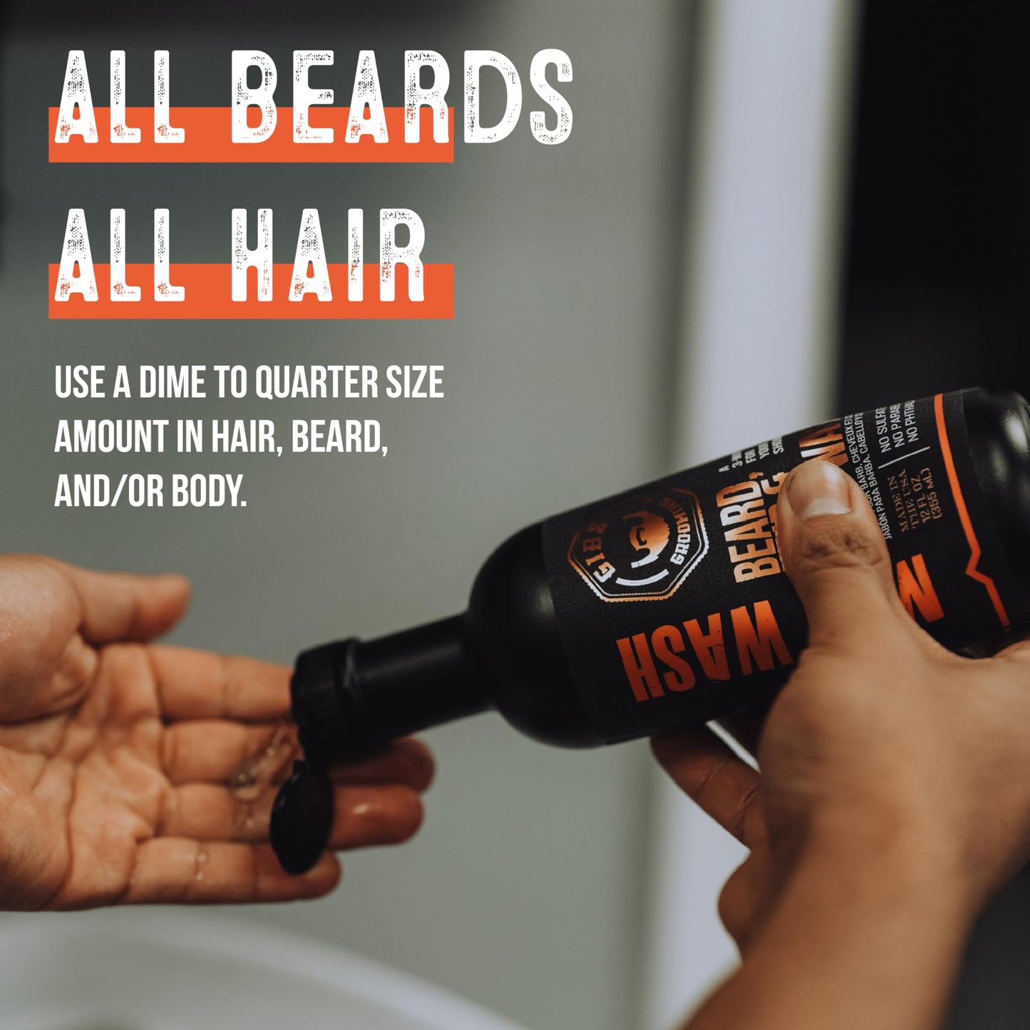 GIBS Grooming - Amber Man Wash (12 fl oz) 3-in-1 Beard, Hair, Body Soap - Citrus, Oak, Basil Scent - Sulfate Free - Tea Tree Oil, Hemp Oil, Protein - Mens Body Wash & Mens Shampoo - Made in USA