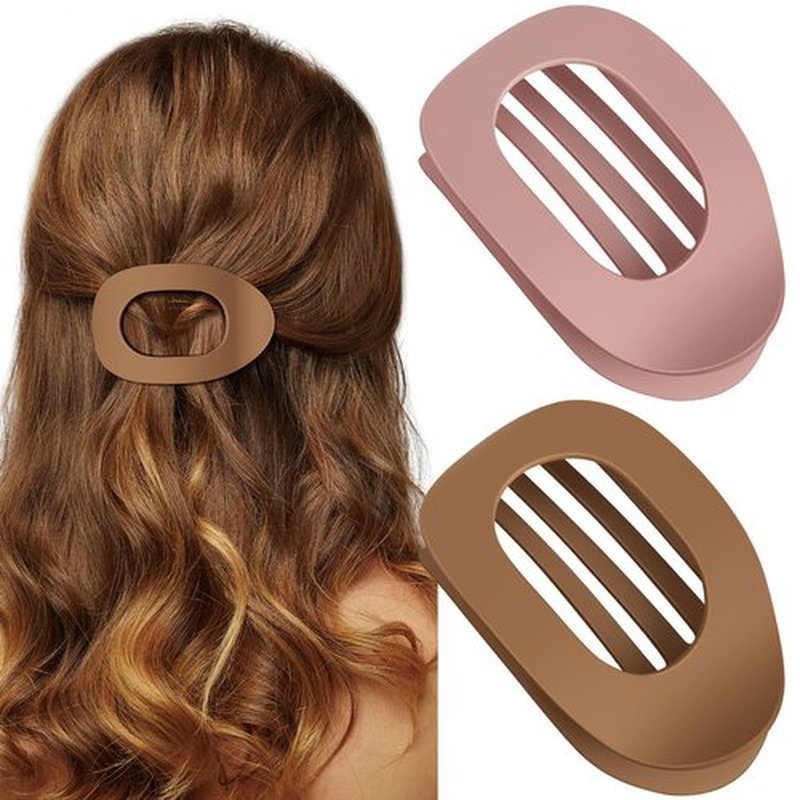 Oeusnael 2 PCS Flat Hair Clips, French Round Lay Down Claw Clips for Women Girls, Matte Non-slip Strong Hold Hair Clips for Thick Thin Hair, Comfortable Curved Flat Hair Clips, Gentle Pink & Cream