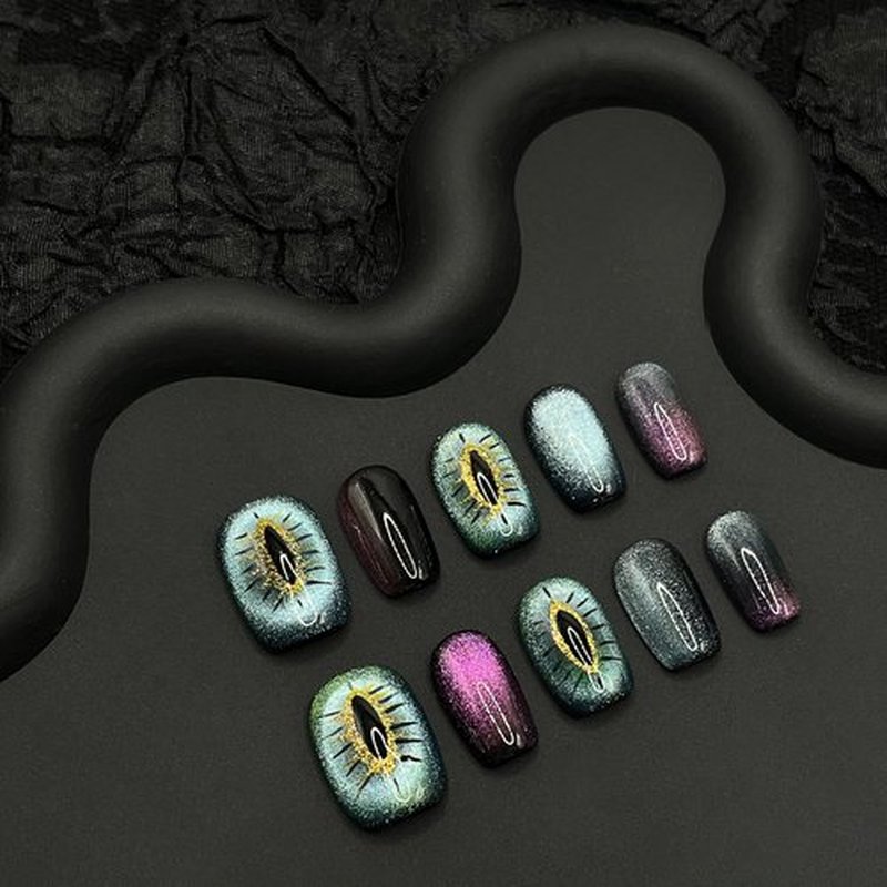 Wsliana Nails Handmade Press On Nail.Magnetic Press On Nail Short Square Cat Eye Fake Nails with Charm Design,Reusable Glue On Nail for Woman Gift,Set of 10pcs Lasting Acrylic False Nail Art (012 S)