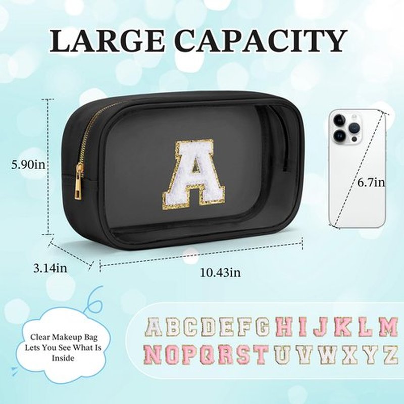 YOOLIFE Initial Make Up Bag Travel Toiletry Bag for Women, Clear Makeup Bag Organizer Cosmetic Bags Travel Essentials Gifts for Women Teen Girlfriend Teacher Mom Brithday Mothers Day Gifts Black A