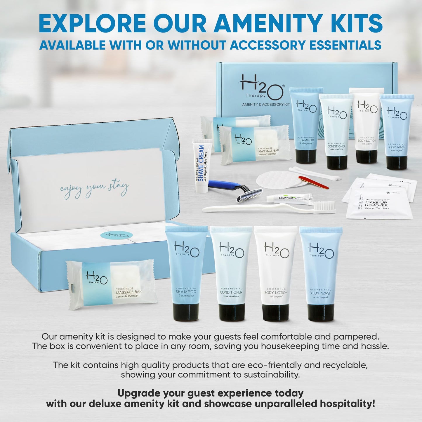 H2O Therapy Amenity Kit | Hotel Bulk Toiletries | 0.85 oz Shampoo, Conditioner, Lotion, Body Wash, Body Bar Soap for Guest Hospitality Vacation Rentals | 15 Sets/Case