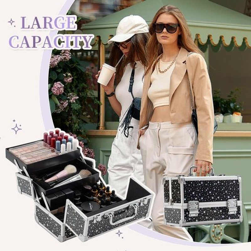 Leeora&Leekoo Makeup Train Case Cosmetic Box Portable Makeup Case Organizer 2 Trays Makeup Storage with Mirror for Cosmetologist Aesthetic Supplies Nail Tech Traveling Makeup Box (Flashing Star)