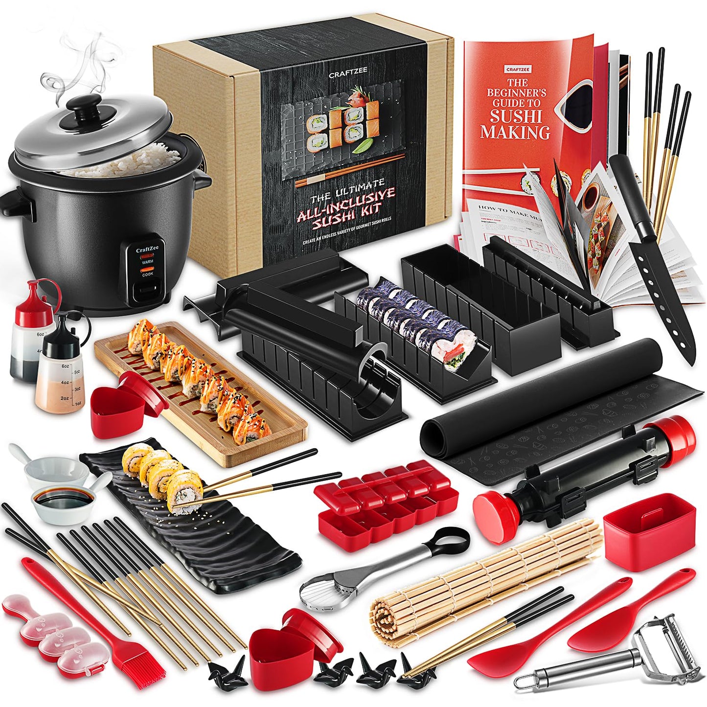 CraftZee Sushi Making Kit - Complete Sushi Maker Kit with Bazooka Roller, Rice Cooker, Onigiri, Nigiri & Musubi Mold, Rice Ball Mold, Bamboo Rolling Mat, Knife, Guide Book & More