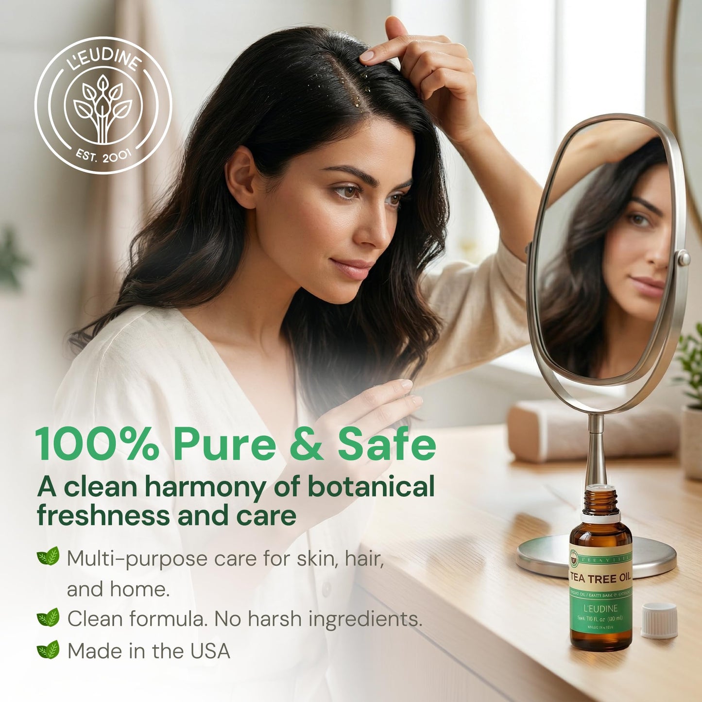 L’EUDINE Tea Tree Oil – 1fl Oz Multipurpose Body Oil for Acne, Toenail Problems, Dandruff, Skin Bites, Lice – Made in USA – All-Natural and Safe Essential Oil – Refreshing on Clothes, Cleaning