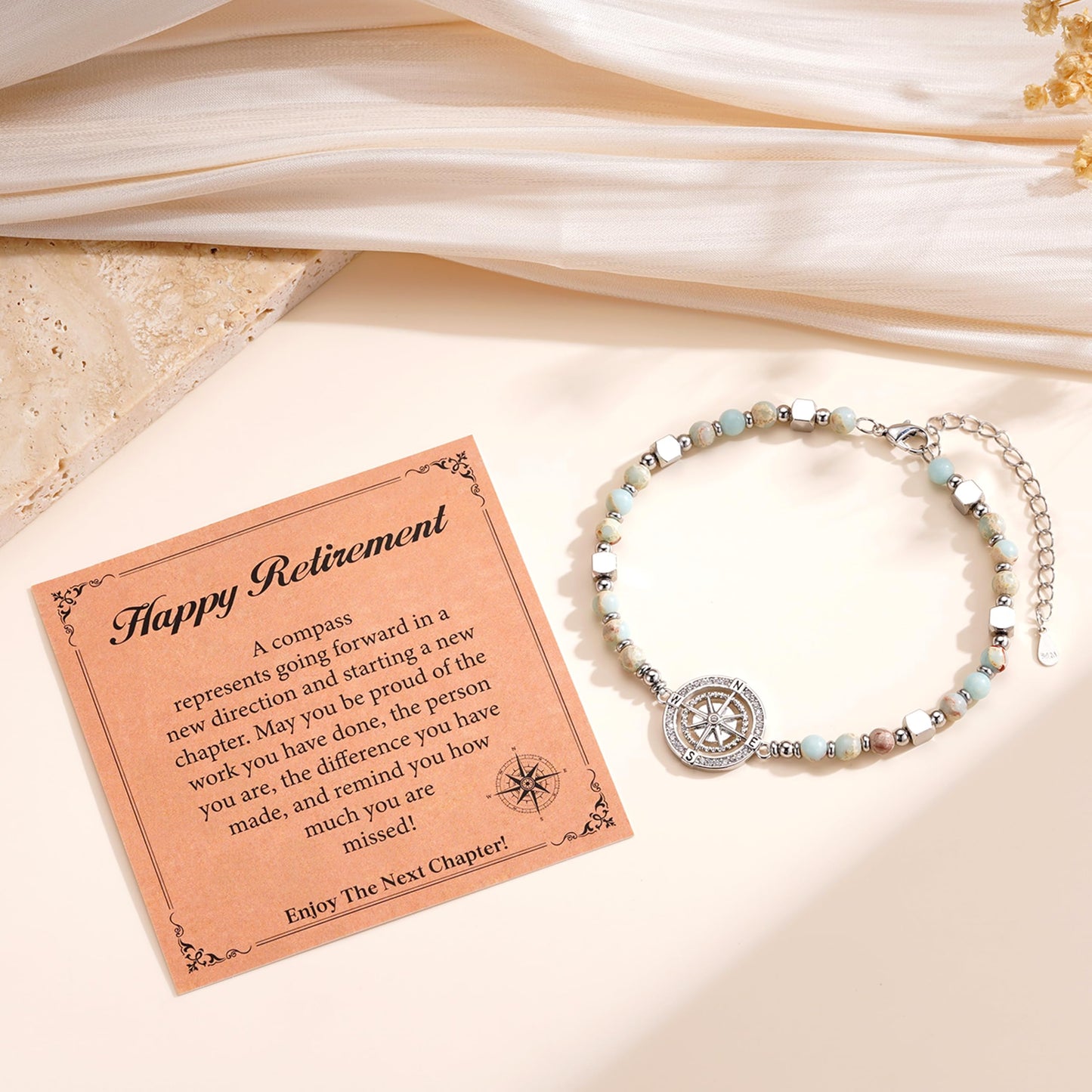 Esrial Retirement Gift for Woman- Compass Bracelet for Women Coworker Leaving Farewell Going Away Gifts for Friends Teacher Employee Manager Boss Coworker Christmas Gifts（Happy Retirement）