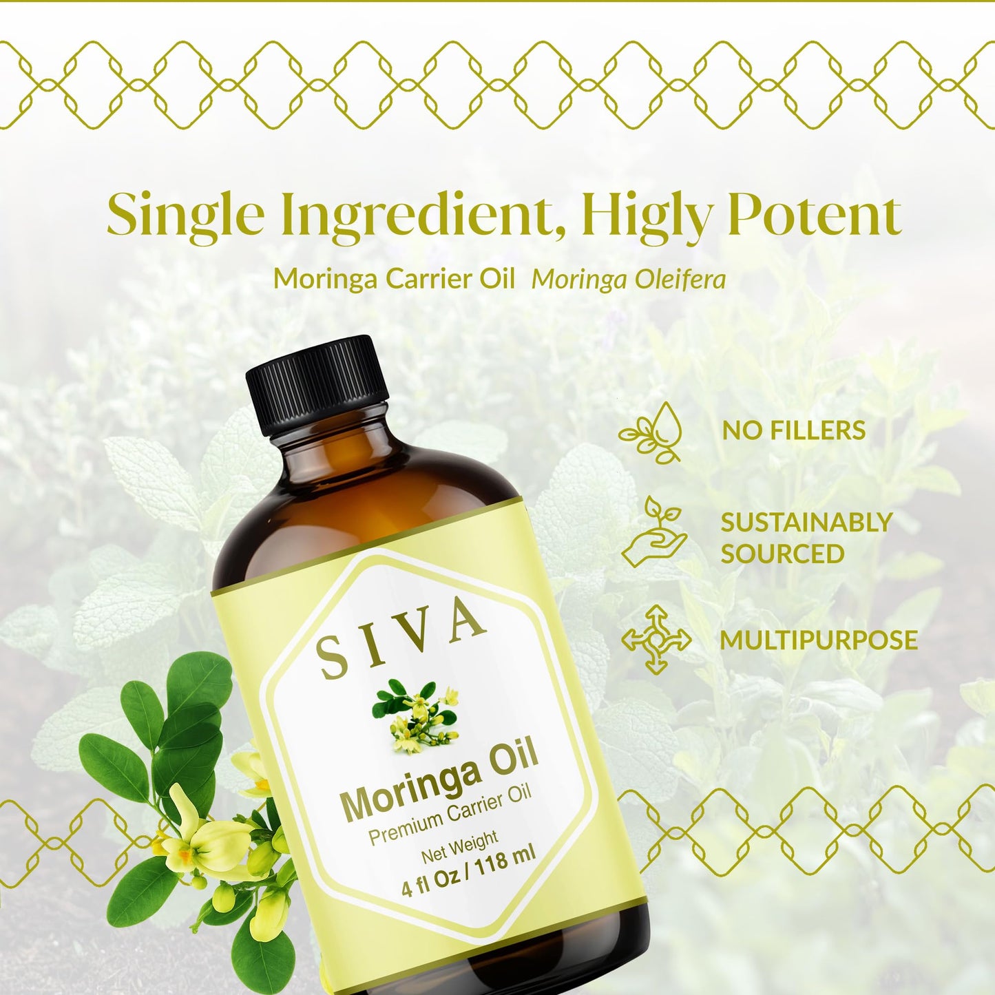 SIVA Moringa Carrier Oil 4oz (118 ml) Premium Cold-Pressed 100% Natural Carrier Oil With Dropper For Skin Care, Hair Care, Scalp Massage & Body Massage