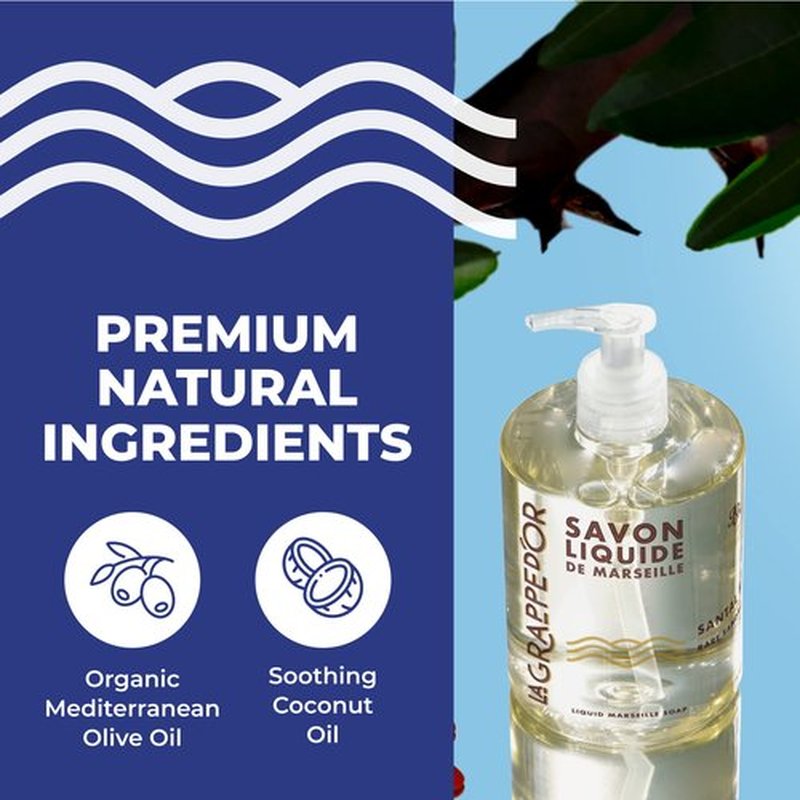 La Grappe d'Or Rare Sandalwood Marseille Hand Soap with Essential Oils | Handmade in France from Moisturizing Organic Olive & Coconut Oil | Natural Cruelty-Free & Vegan, 16.90 oz Liquid