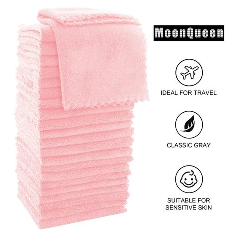 MOONQUEEN Ultra Soft Premium Washcloths Set - 12 x 12 inches - 24 Pack - Quick Drying - Highly Absorbent Coral Velvet Bathroom Wash Clothes - Use as Bath, Spa, Facial, Fingertip Towel (Pink)