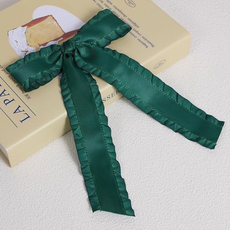 2PCS Hair Bows for Women Girls, Silky Satin Ruffle Tassel Hair Ribbon Bowknot Hair Clips Barrettes Hair Accessories for Girl with Long Tail Set Red,Dark Green 5.5inch