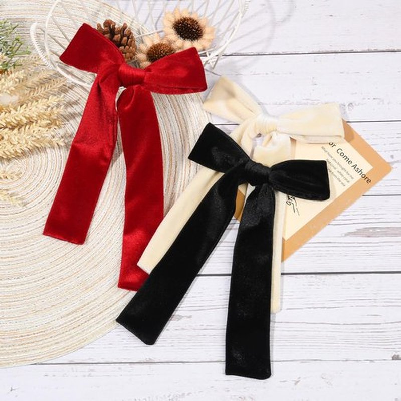 CEELGON 3 PCS Long Tail Velvet Hair Bows Hair Bow Set for Toddler Girls Long Ponytail Knot Bows Alligator Clip Hair Accessories for Girls and Women (Beige, Red, Black)